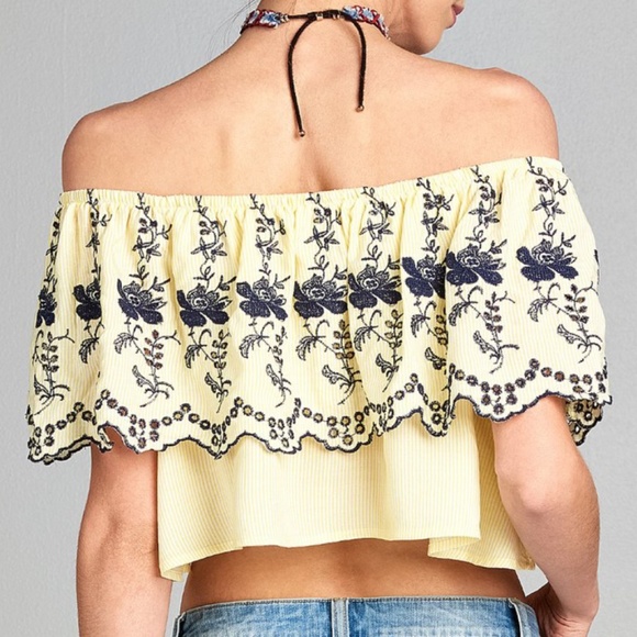Yellow Floral Embroidered Off Shoulder Top - Picture 5 of 5